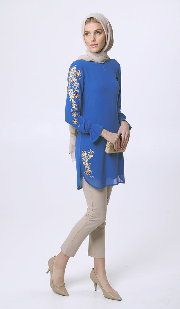 Sofia Silver Embellished Long Tunic Dress - Blue