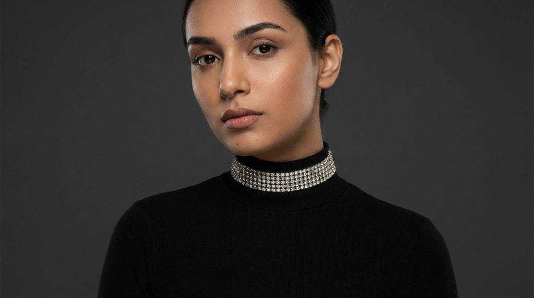 Woman wearing a black turtleneck and a decorative choker against a dark background