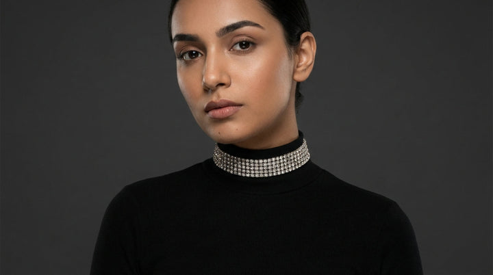 Woman wearing a black turtleneck and a decorative choker against a dark background