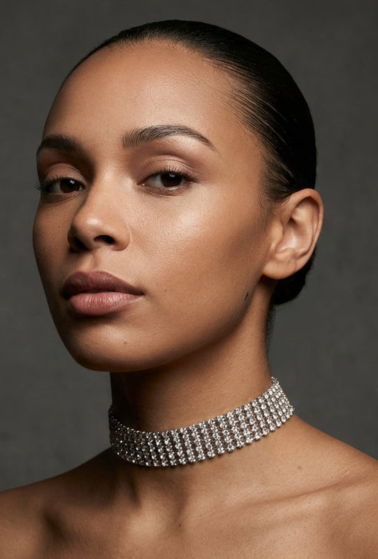Woman wearing a sparkling choker necklace against a dark background