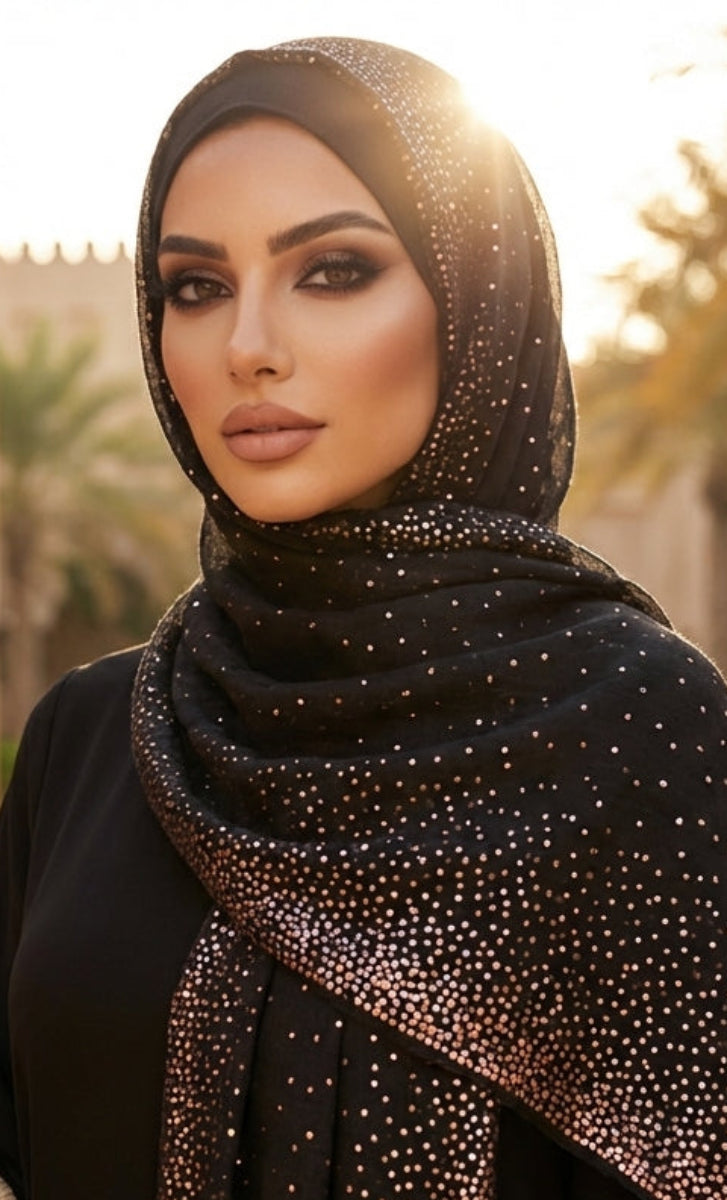 Woman wearing a black hijab with gold embellishments in an outdoor setting with palm trees and architectural elements.