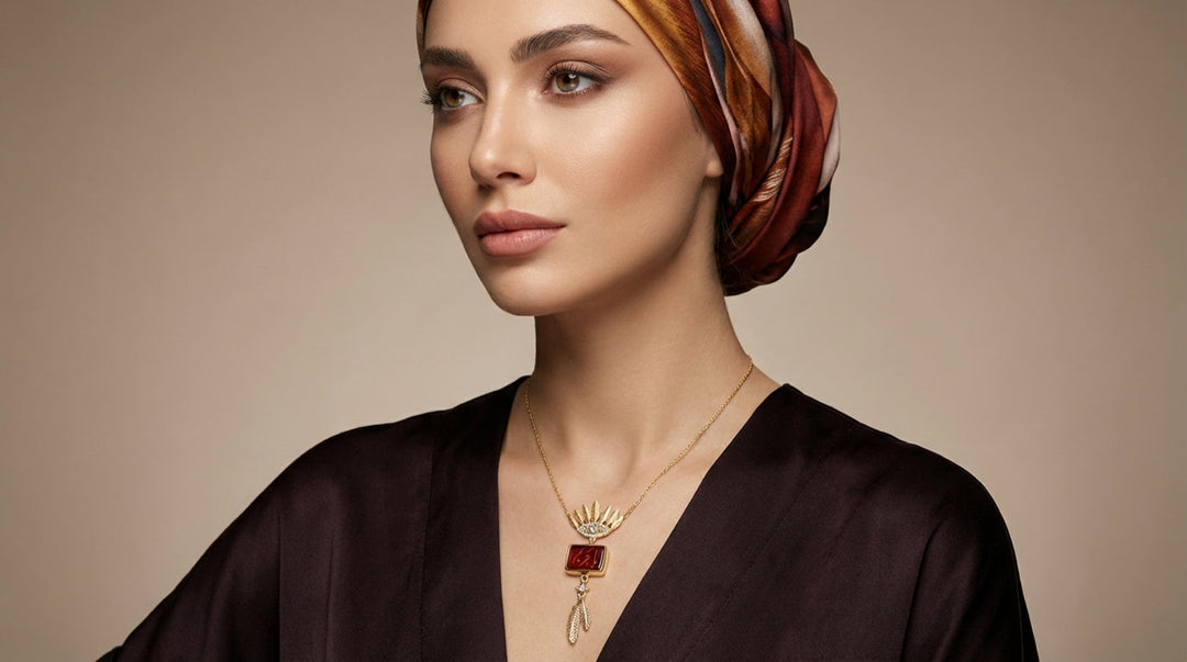 Woman wearing a Sterling Silver Hand Engraved Aqeeq 99 Names Necklace against a beige background