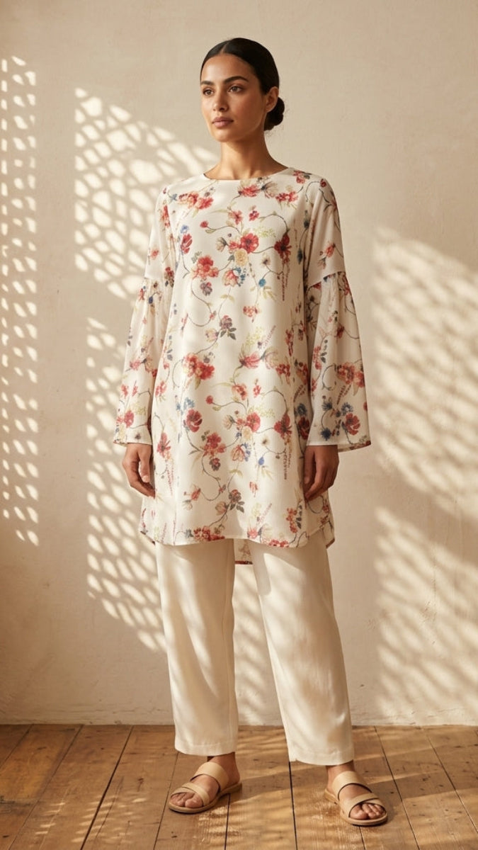 Woman wearing a floral top and white pants standing in a sunlit room with wooden floor and lattice wall.