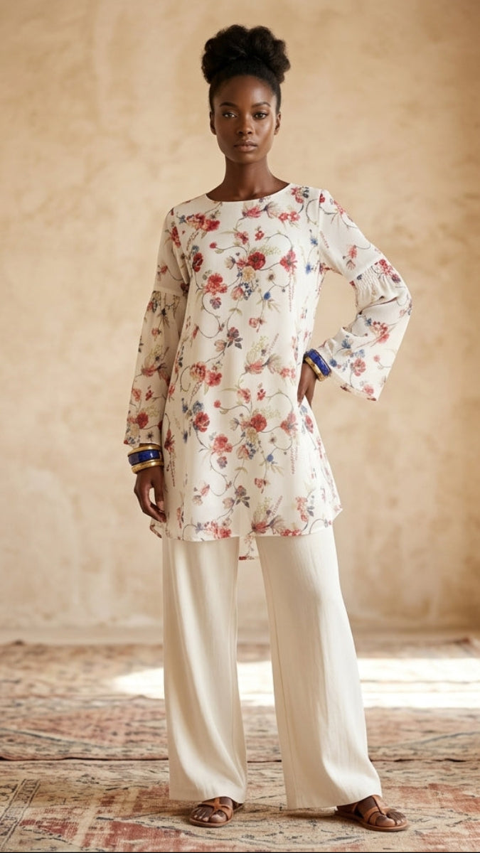 Woman wearing a floral top and white pants in a softly lit room.