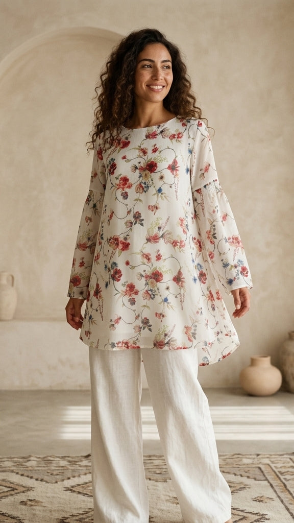 Woman wearing a floral top and white pants in a room with decorative vases and a rug.