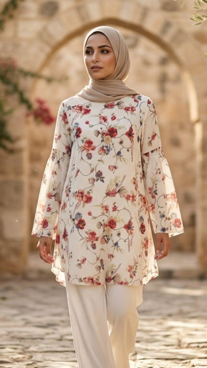 Woman in a floral dress standing in a garden with stone arches and flowers.