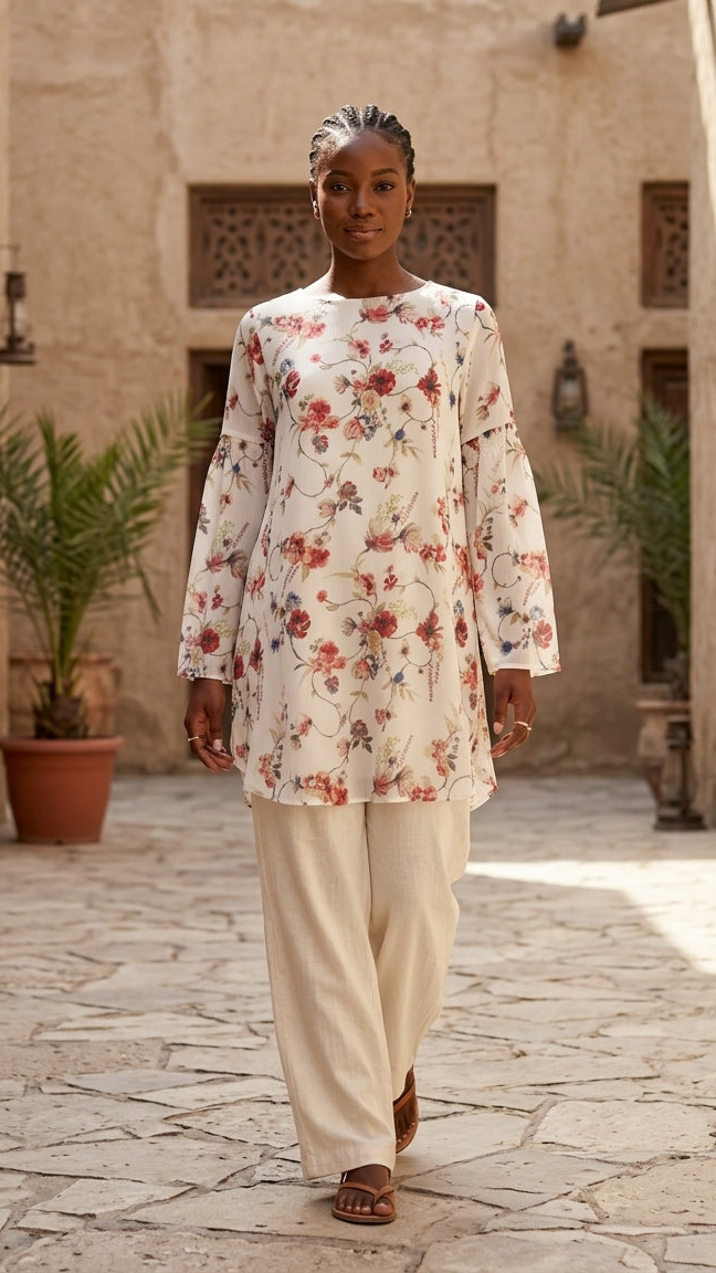 Woman in a floral top and beige pants walking in a sunlit courtyard.