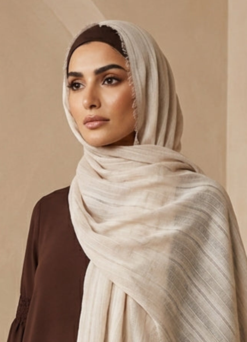 Rabia Non-slip Cotton Striped Wrap Hijab Scarf - Oatmeal