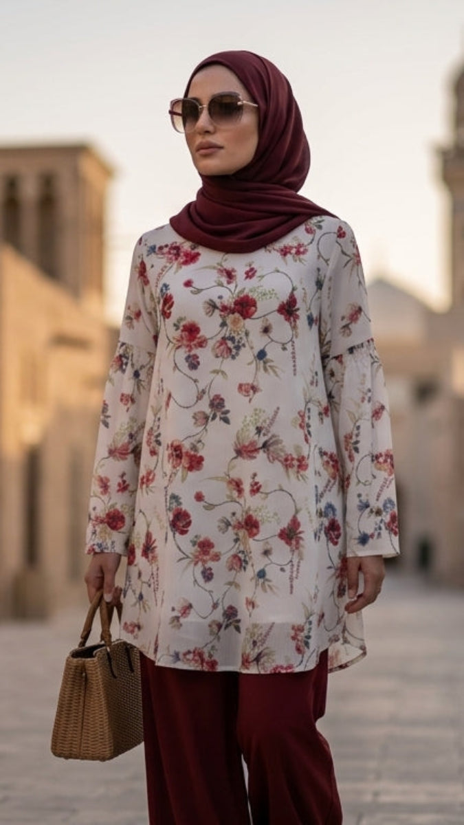 Woman in a floral dress and hijab standing in an architectural setting with buildings and a sunset.