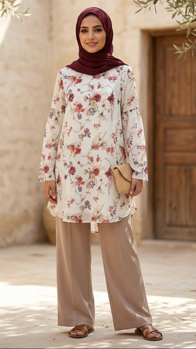 Woman wearing a floral dress and hijab standing in front of a rustic building.