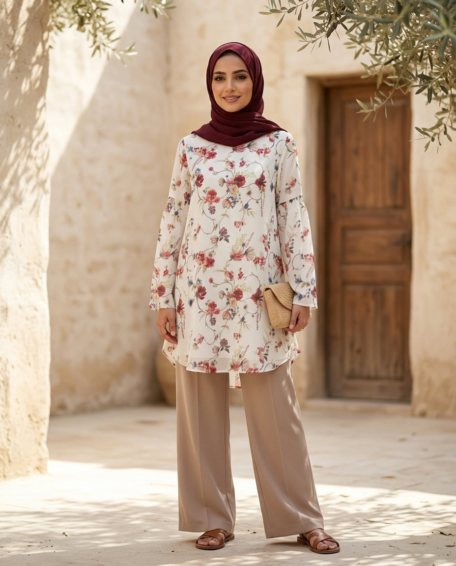 Sundus Long Chiffon Print Modest Top - Poppy Cream - PREORDER (ships in 2 weeks)