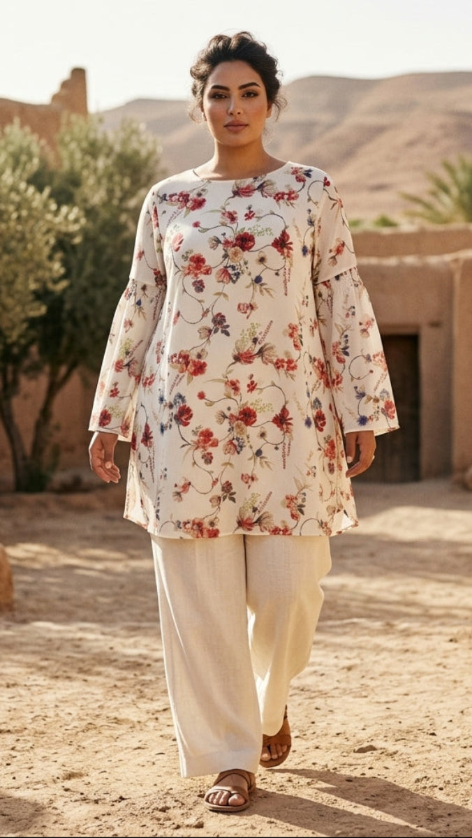 Woman in a floral dress walking in a desert setting