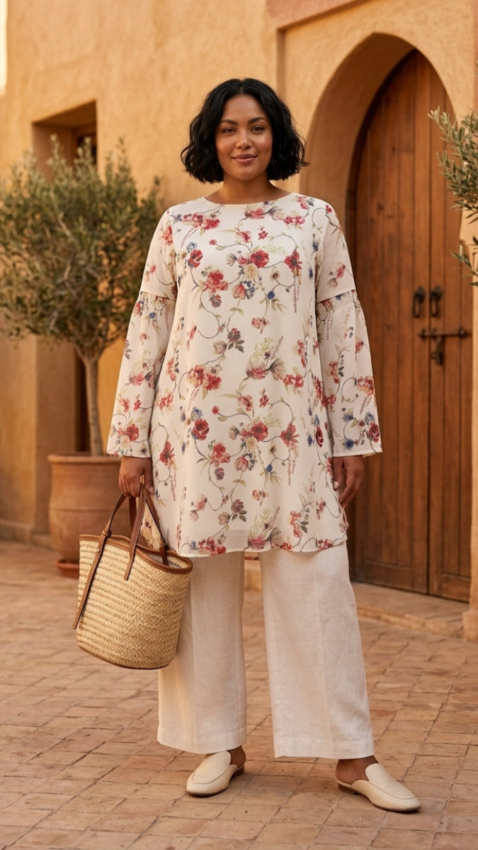 Woman in a floral dress standing in a sunlit courtyard with potted plants and a wooden door.