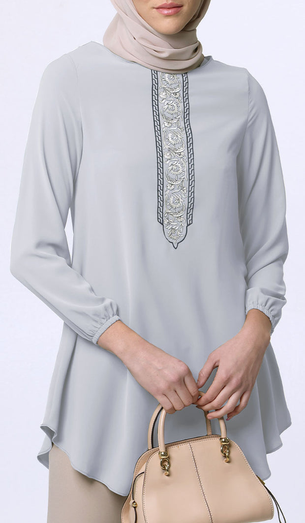 Suroor Embroidered Long Modest Tunic - Silver Mist