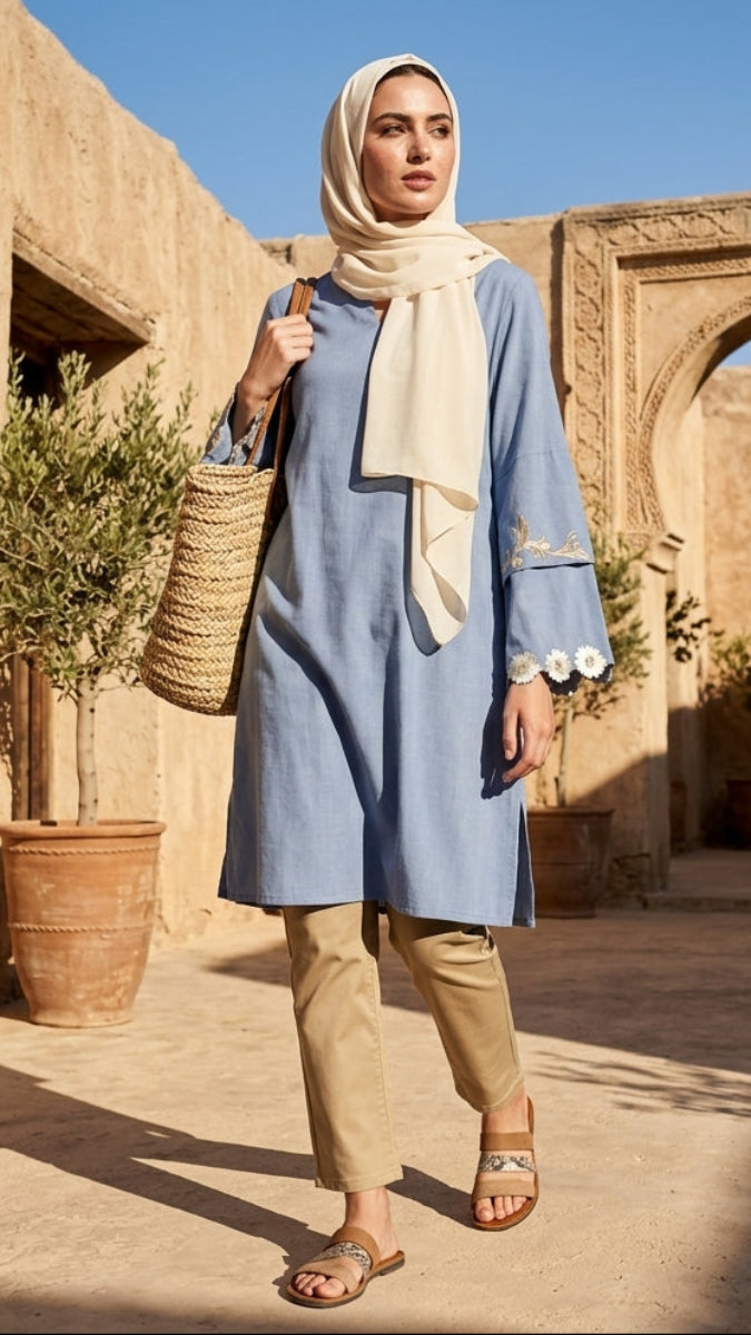 Woman in a blue dress and beige hijab standing in a sunlit courtyard with architectural elements.