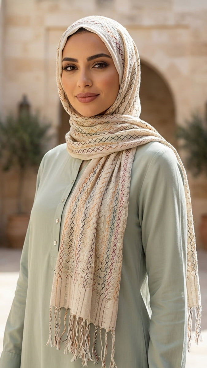 Woman wearing a hijab and light green outfit in an outdoor setting with arches and plants.