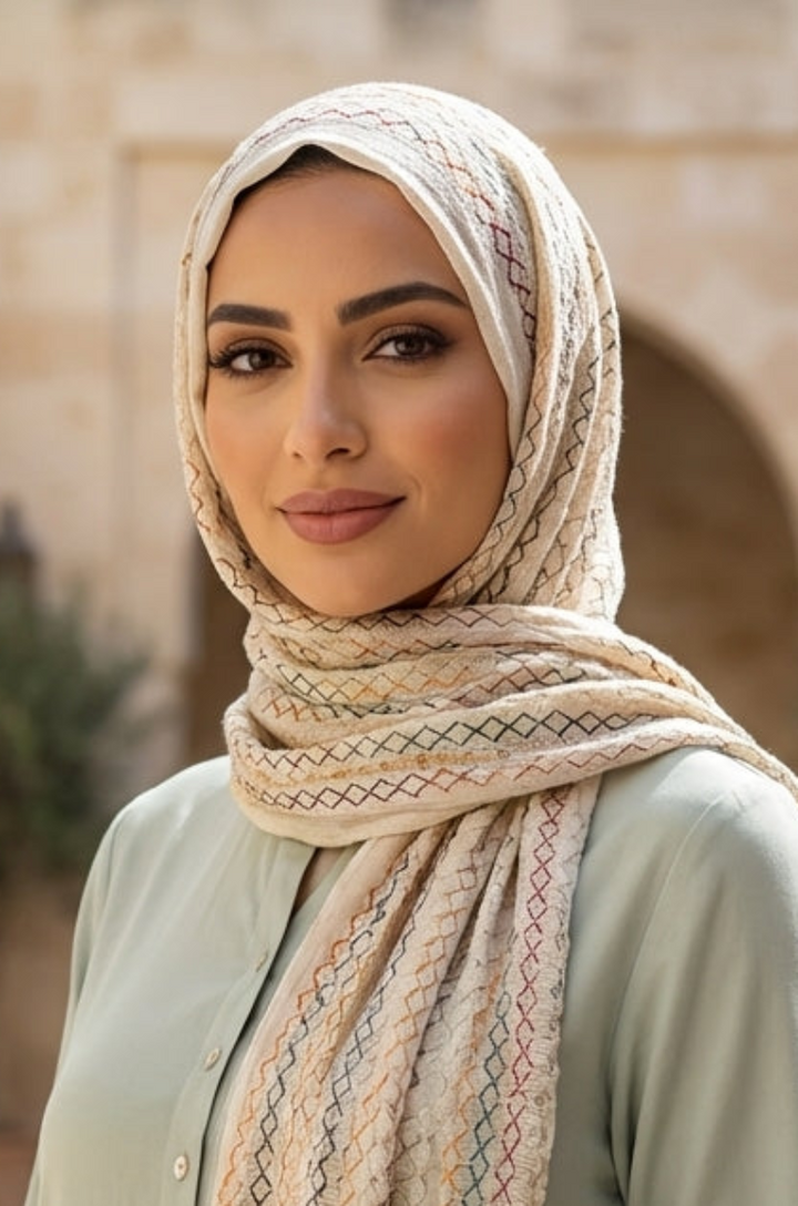 Woman wearing a hijab and light green outfit in an outdoor setting with arches and plants.