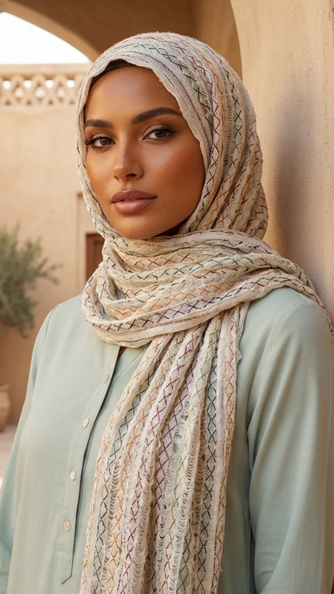 Woman wearing a patterned hijab in an outdoor setting with plants and arches.