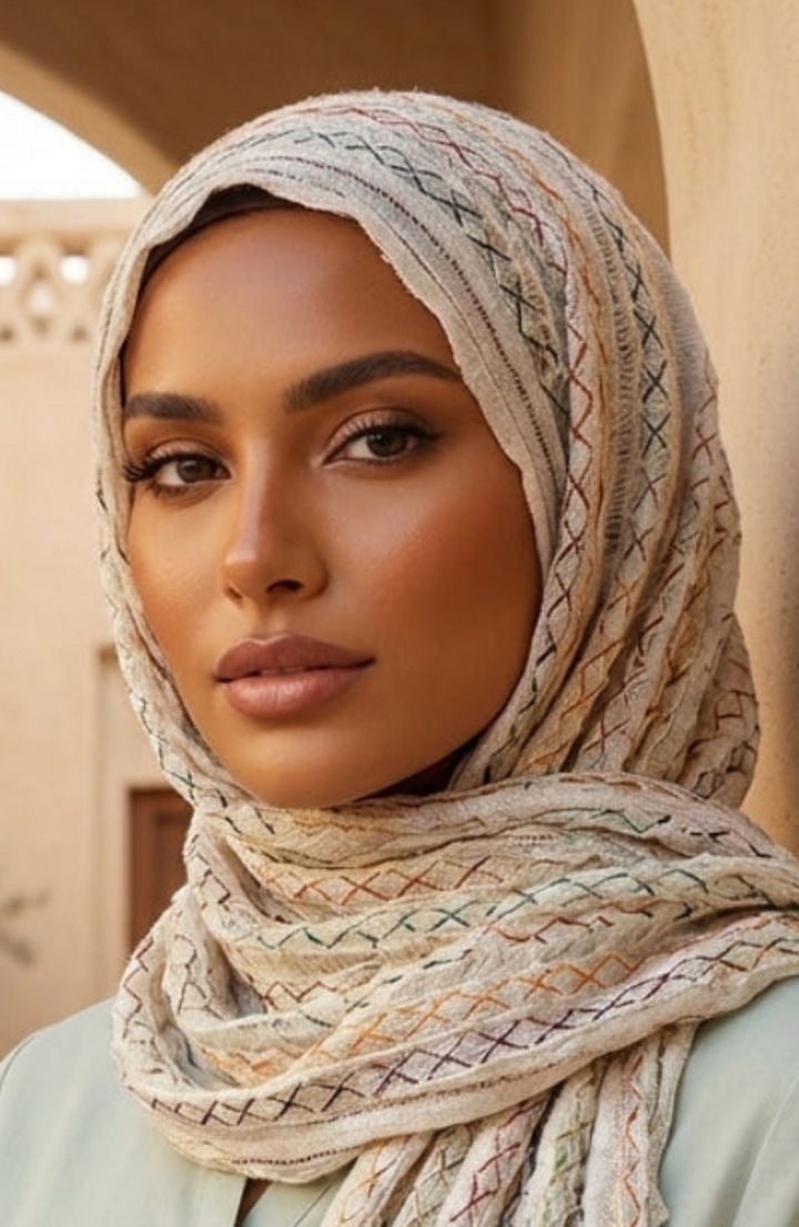 Woman wearing a patterned hijab in an outdoor setting
