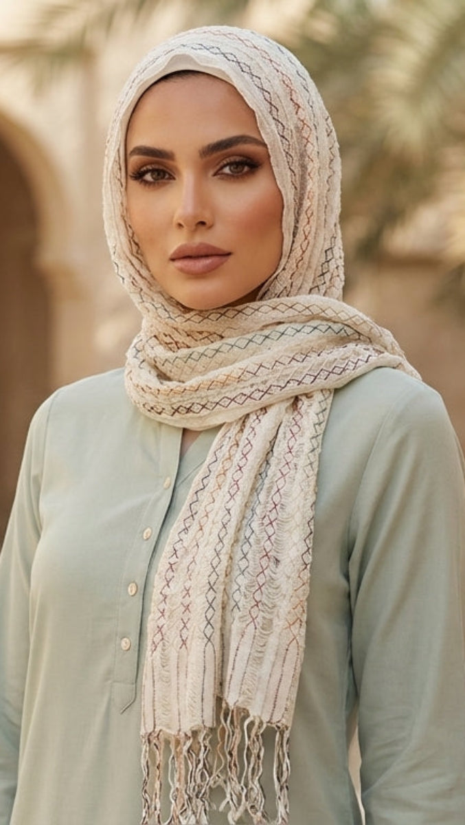 Woman wearing a hijab and light clothing in an outdoor setting with architectural elements.
