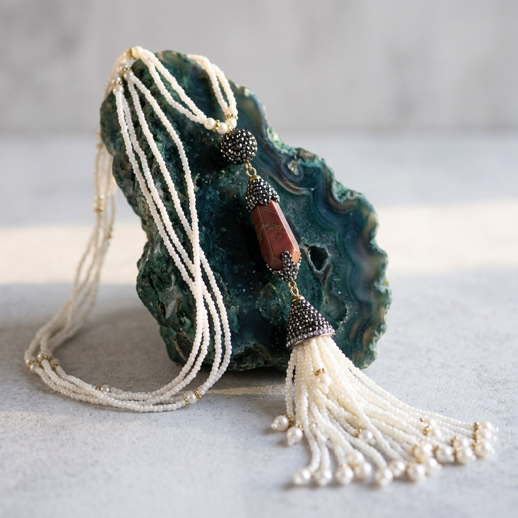 Turkish Artisan Long Tassel Necklace - Agate - FINAL SALE