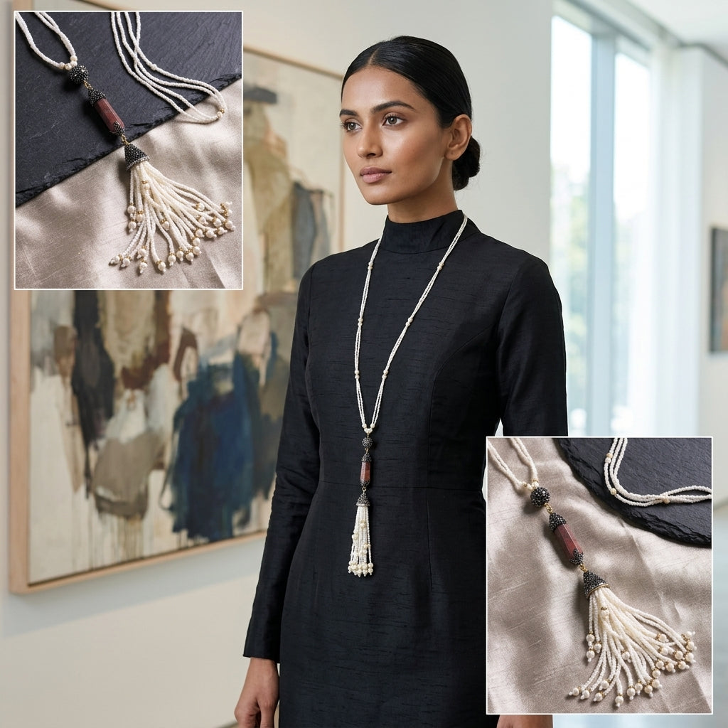 Woman wearing a long necklace with detailed pendants in an indoor setting.