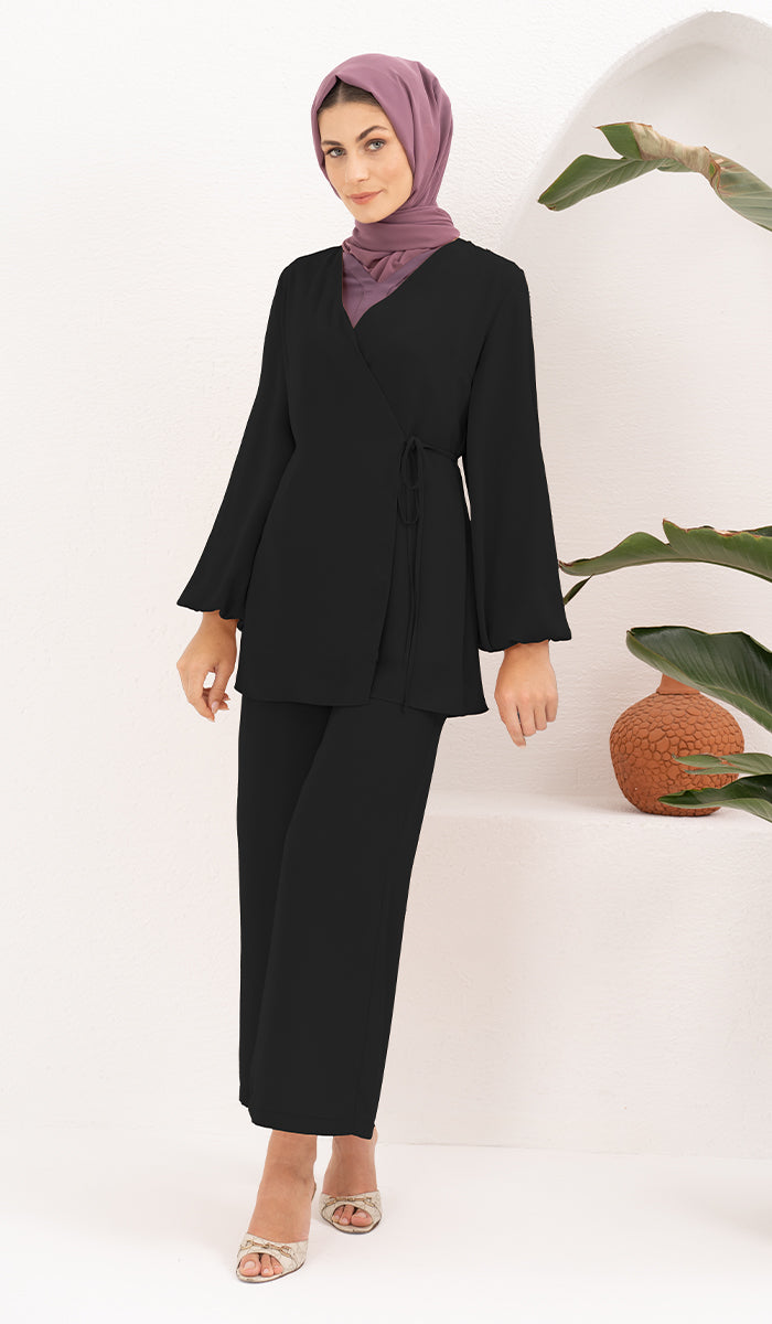 Ula Light Long Comfy Wrap Jacket - Black - FINAL SALE