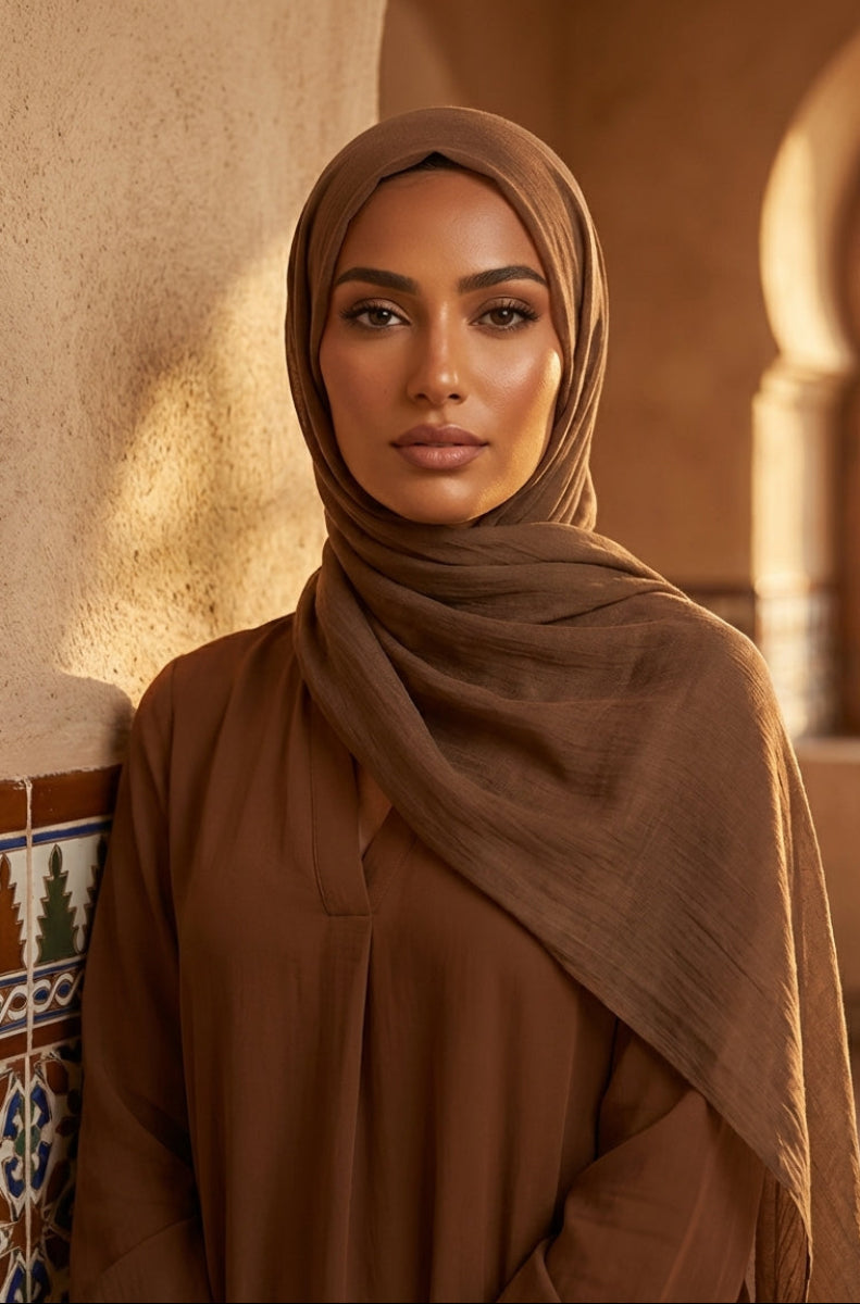 Woman wearing a brown hijab and outfit in an arched architectural setting