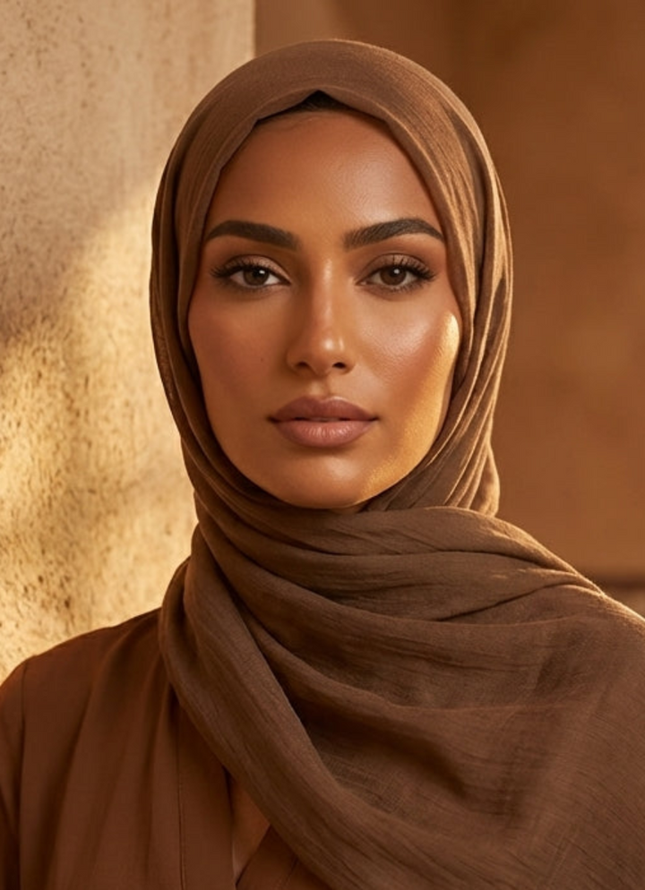 Woman wearing a brown hijab and outfit in an arched architectural setting