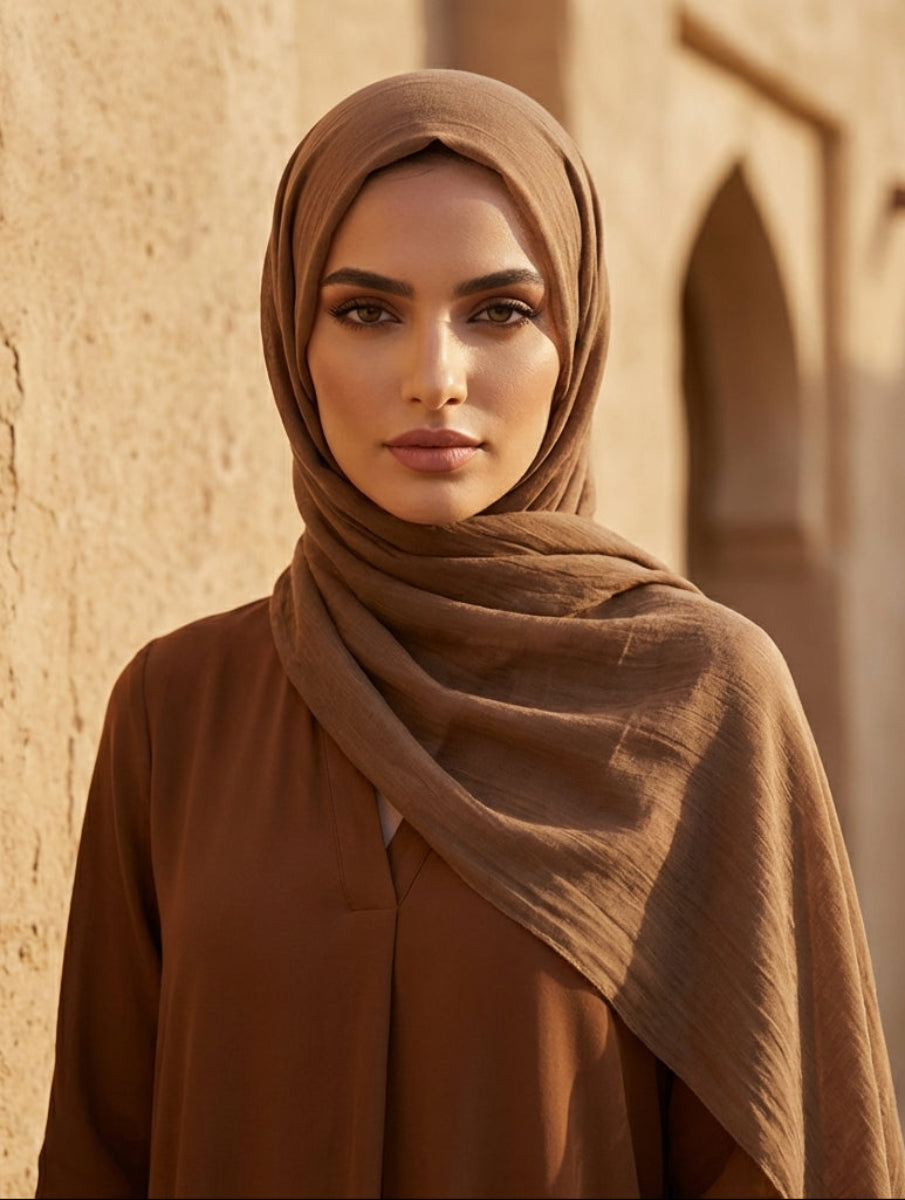 Woman wearing a brown hijab and outfit standing against a beige wall.
