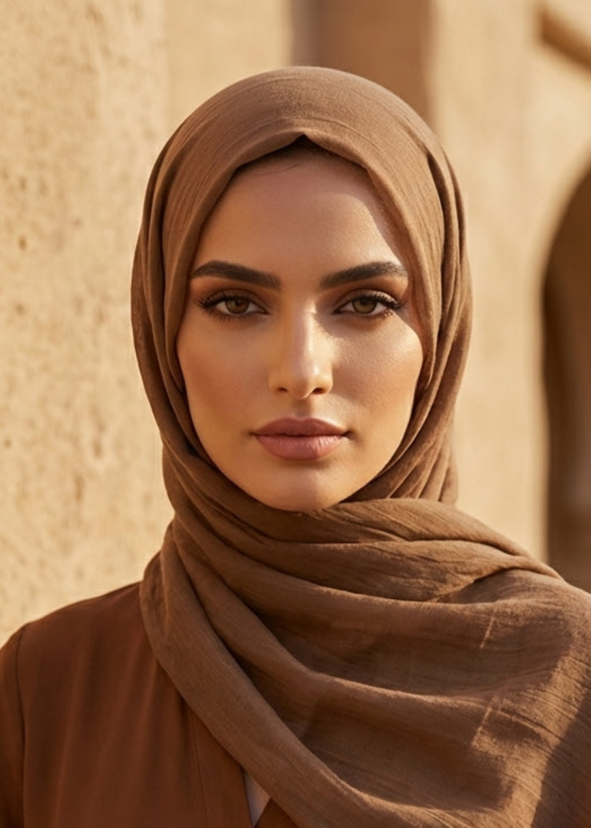Woman wearing a brown hijab and outfit standing against a beige wall.