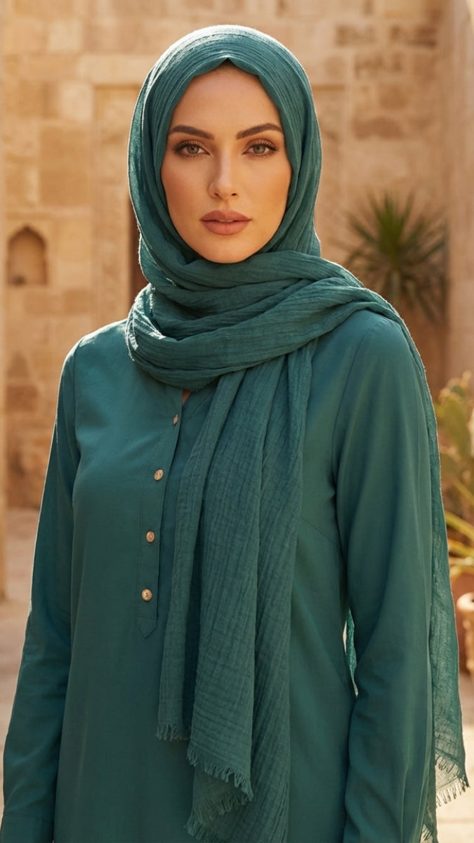 Woman wearing a teal hijab and outfit standing in a courtyard with plants and stone walls.