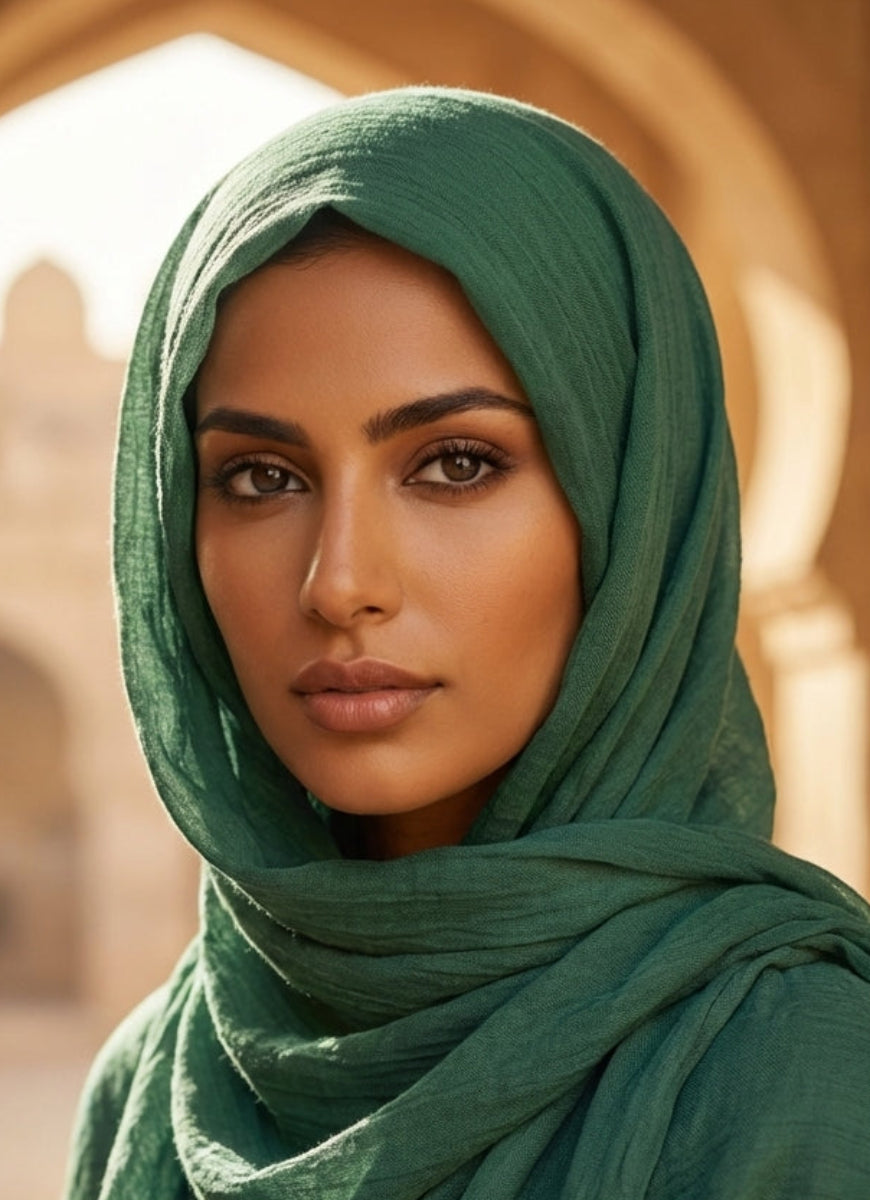 Woman wearing a green hijab in front of an archway