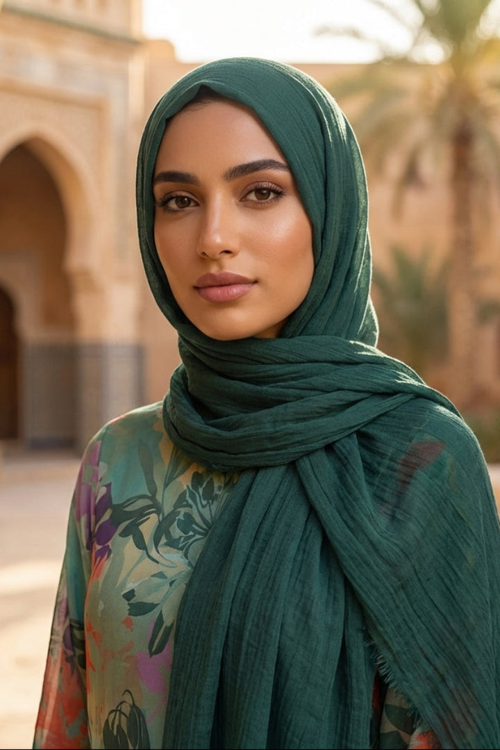 Woman wearing a green hijab and colorful top in an outdoor setting with architectural elements.
