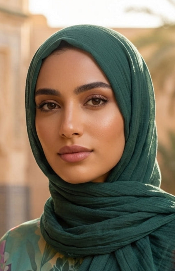 Woman wearing a green hijab with a blurred background
