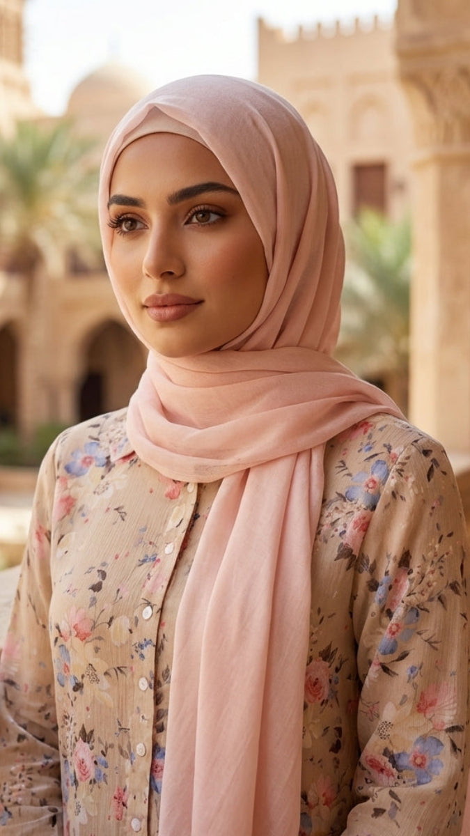 Woman wearing a pink hijab and floral blouse in an outdoor setting with architectural elements.