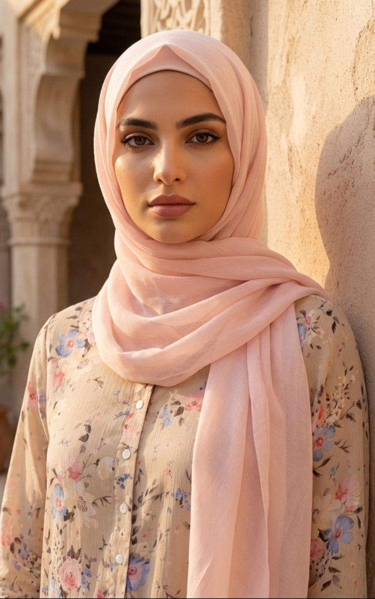 Woman wearing a pink hijab and floral dress standing against a stone wall.