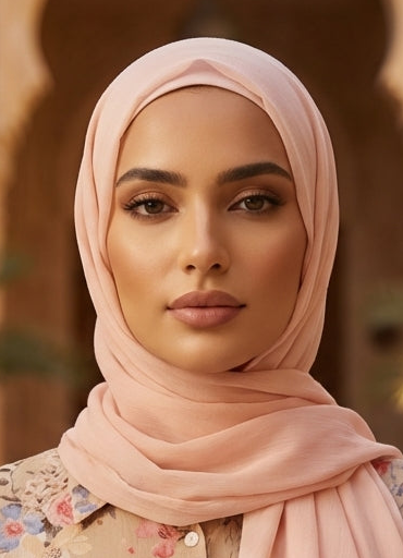Woman wearing a pink hijab and floral blouse in an ornate architectural setting