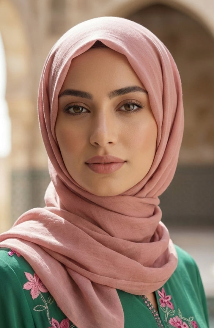 Woman wearing a pink hijab and green embroidered top in an architectural setting