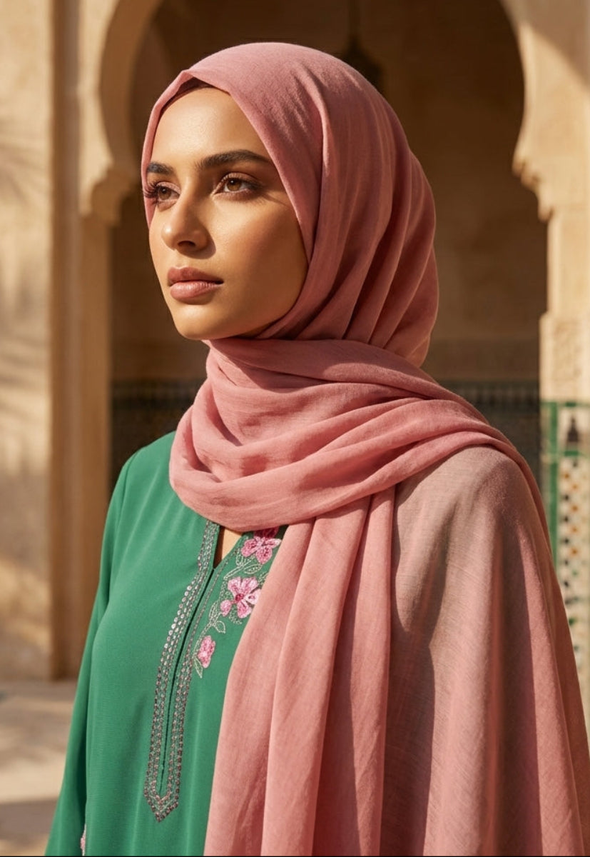 Woman wearing a pink hijab and green dress with floral patterns in an outdoor setting.