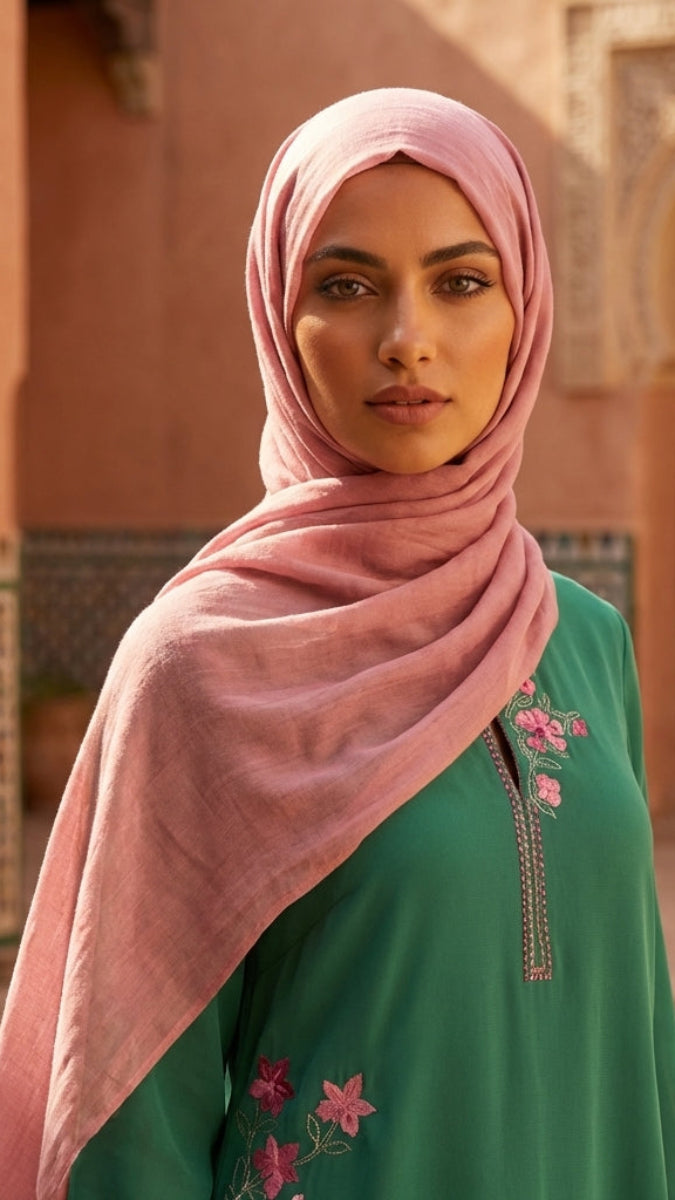 Woman wearing a pink hijab and green embroidered dress in a traditional architectural setting.