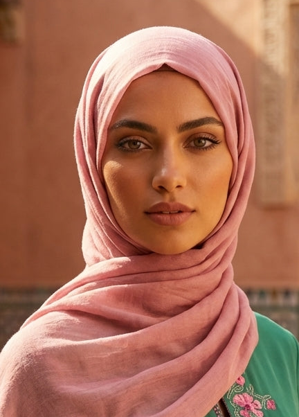 Woman wearing a pink hijab and green embroidered dress in a traditional architectural setting.