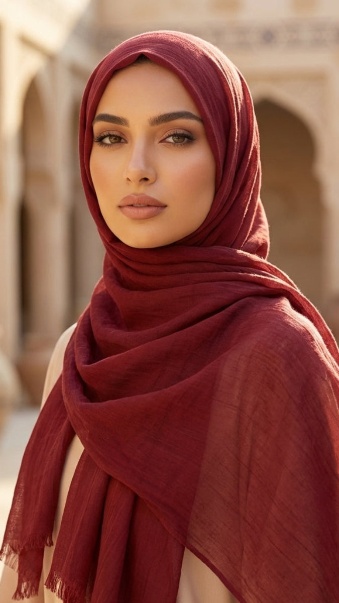 Woman wearing a red hijab in an outdoor setting with arches and pots.