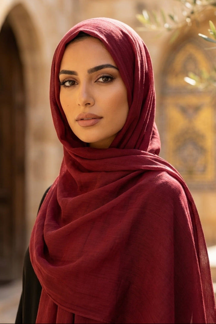 Woman wearing a red hijab standing in front of a stone wall with an archway.