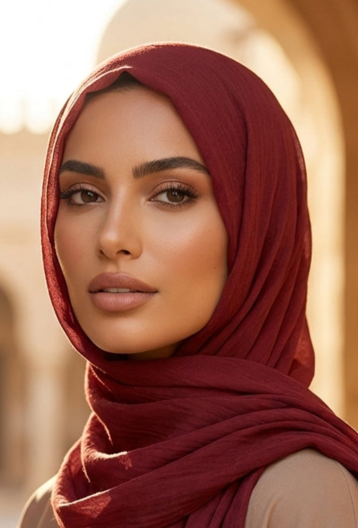 Woman wearing a red hijab and beige outfit in an arched architectural setting