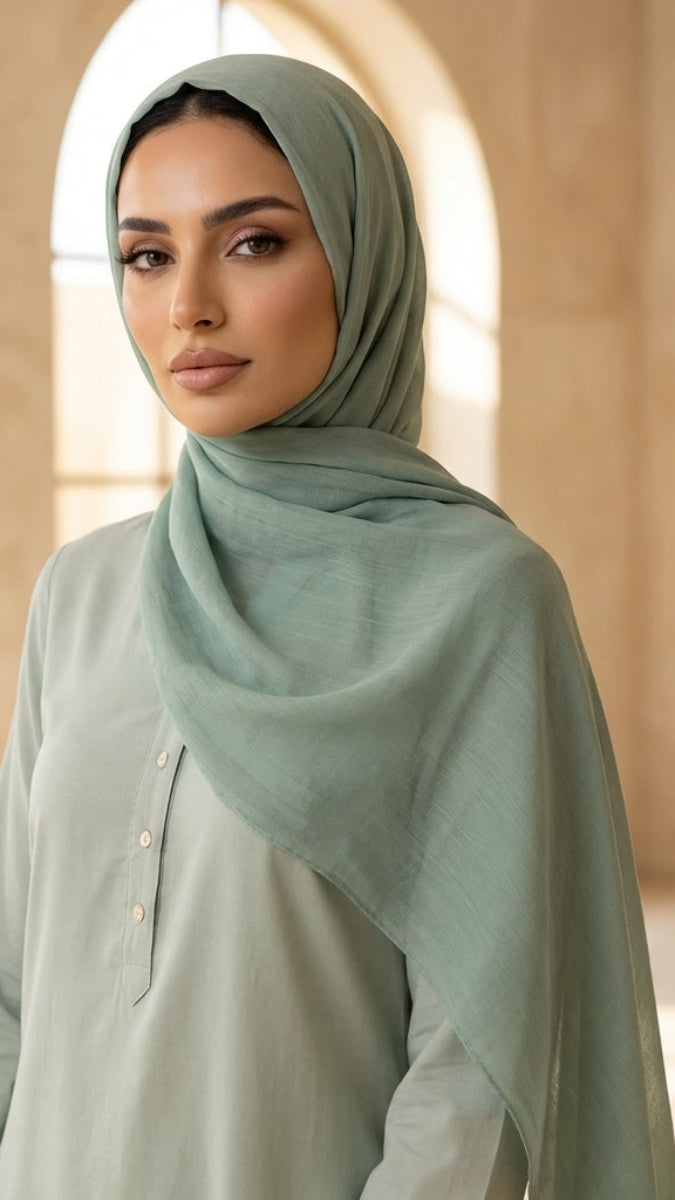 Woman wearing a light green hijab and shirt in a softly lit room with arched windows.