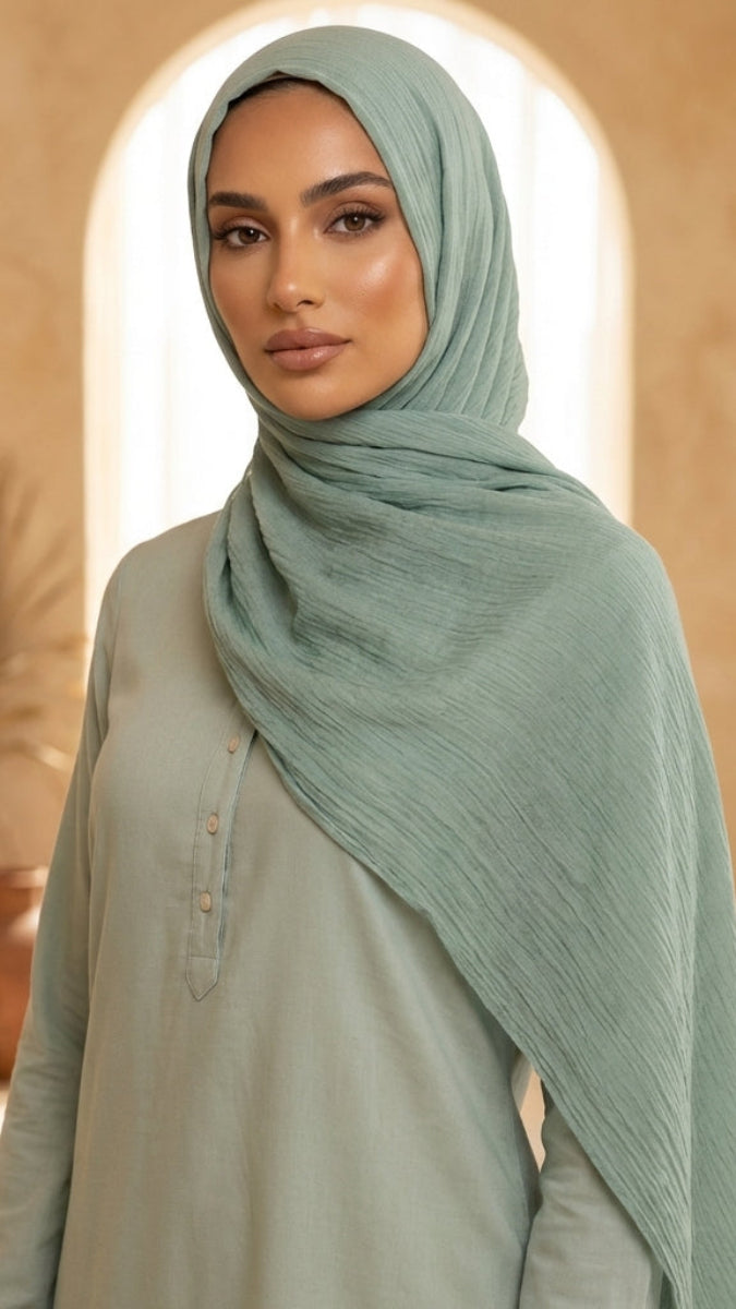 Woman wearing a light green hijab in a warm-toned interior setting