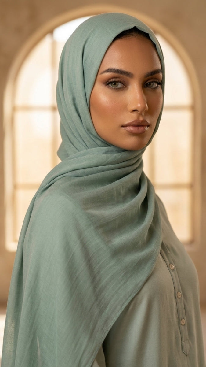 Woman wearing a light green hijab in an indoor setting with warm lighting