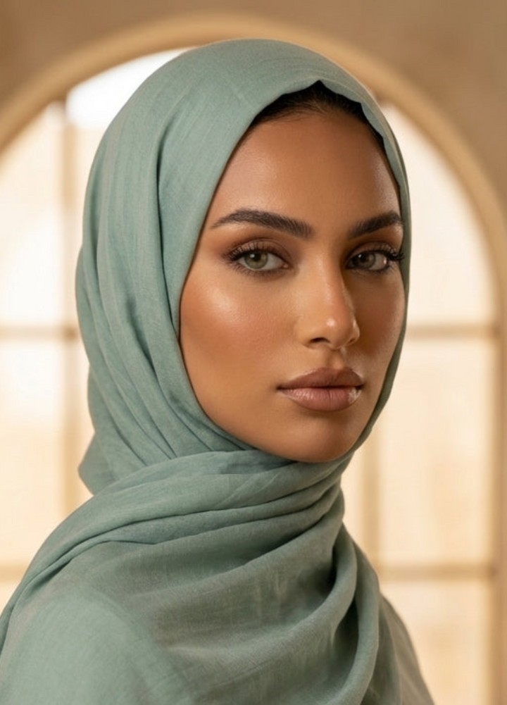 Woman wearing a light green hijab in an indoor setting with warm lighting