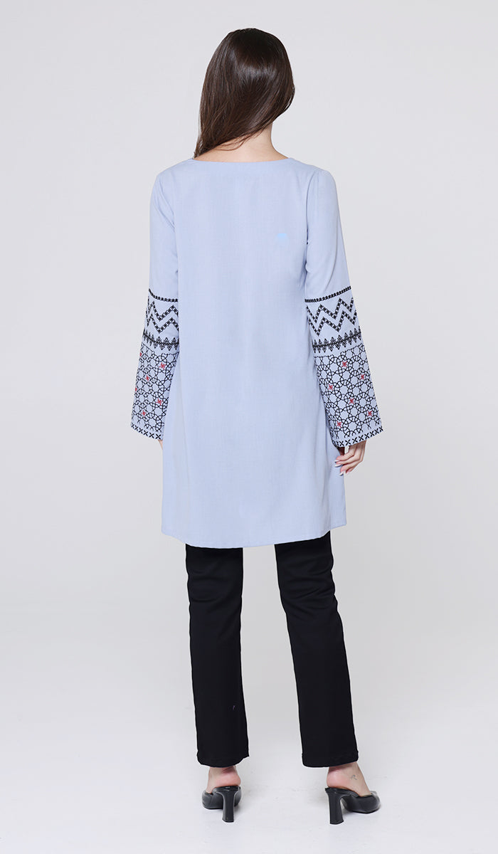 Zahra Embroidered Modest Cotton Feel Tunic - Powder Blue - PREORDER (ships in 2 weeks)